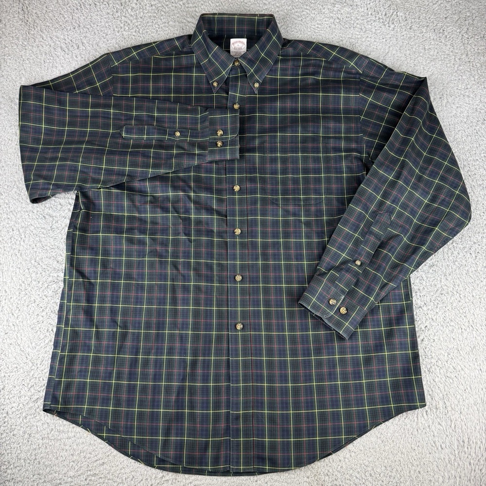 Brooks Brothers Shirt Mens Large Green‎ Plaid Traditional Non-Iron Stretch Polo